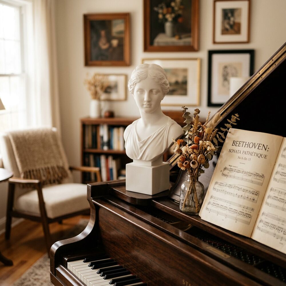 Personlig byst placerad på ett piano